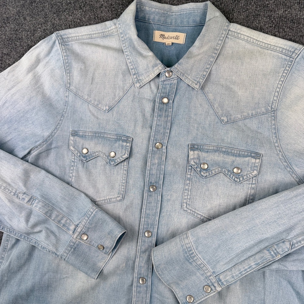 Madewell Denim Pearl Snap Shirt Womens XL Blue Light Wash Long Sleeve Western
